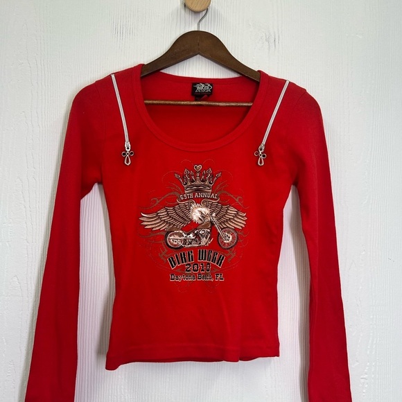 Biker Design - 2010 Bike Week Daytona Beach Florida Red Zipper Long Sleeve Top S - Picture 7 of 10